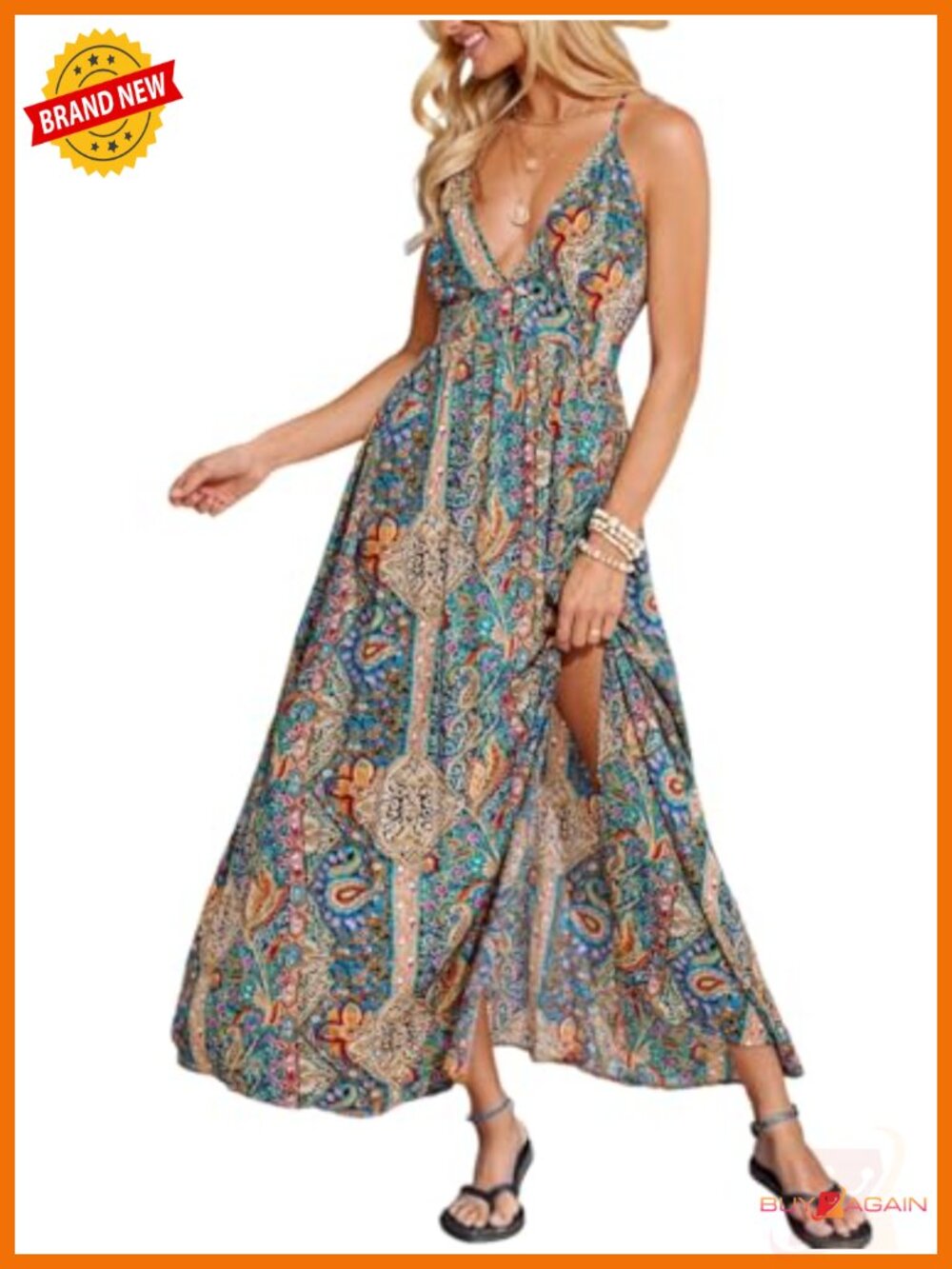 CUPSHE Boho Paisley V-Neck High Slit Maxi Dress Sleeveless Flowy Summer